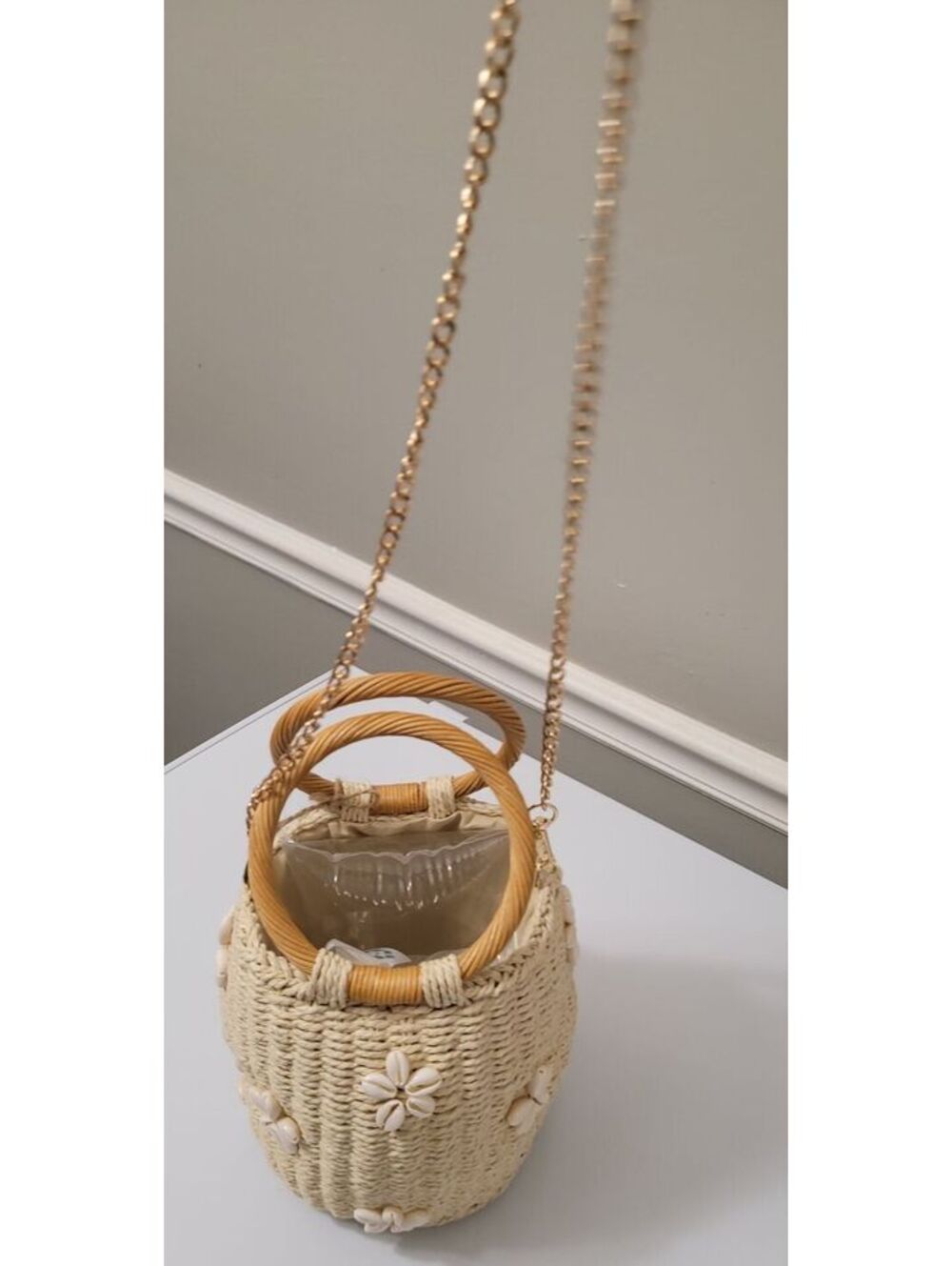 BRUN Pearl Women's Straw Bucket Bag Shell Gold Tone Chain Strap Handbag Purse. - Picture 4 of 8